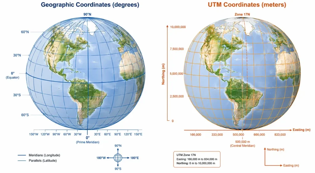 Ilustração comparativa entre sistema de coordenadas geográficas e projeção UTM aplicados ao território brasileiro